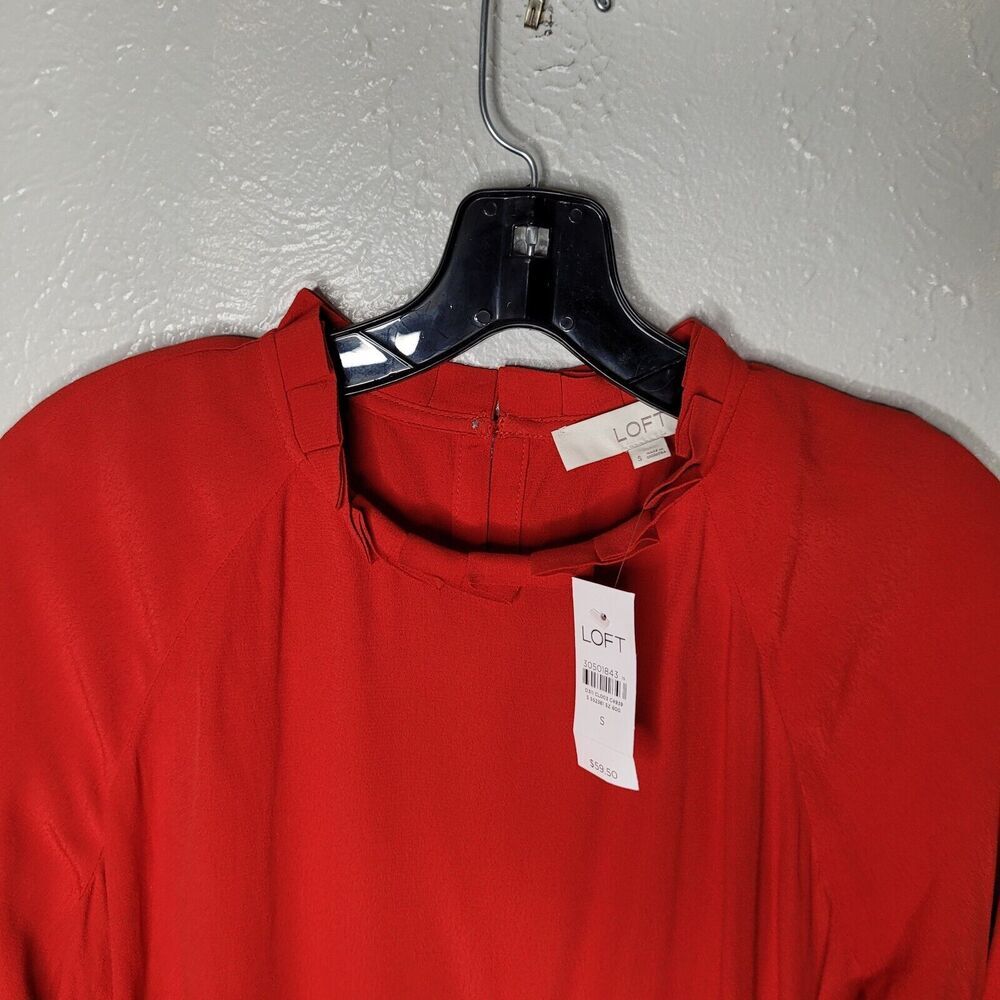 NWT Loft Womens Size Small Top Long Sleeve Ruffled Neck Button Loop Blouse Red - Picture 3 of 8